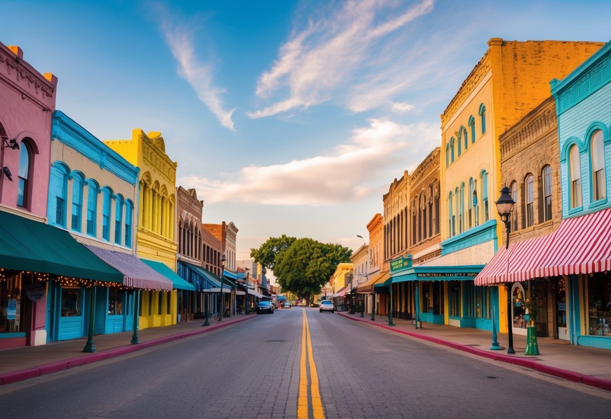 A charming street in Storybook Capital of America, Abilene, Texas, lined with colorful buildings and whimsical storefronts