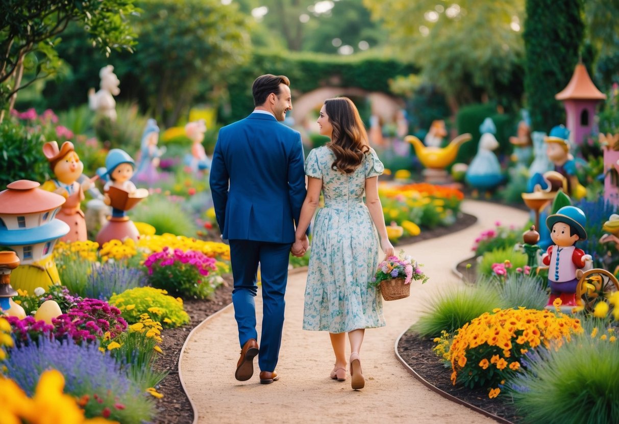 A couple strolls through a whimsical garden filled with colorful flowers, winding paths, and charming storybook-themed sculptures
