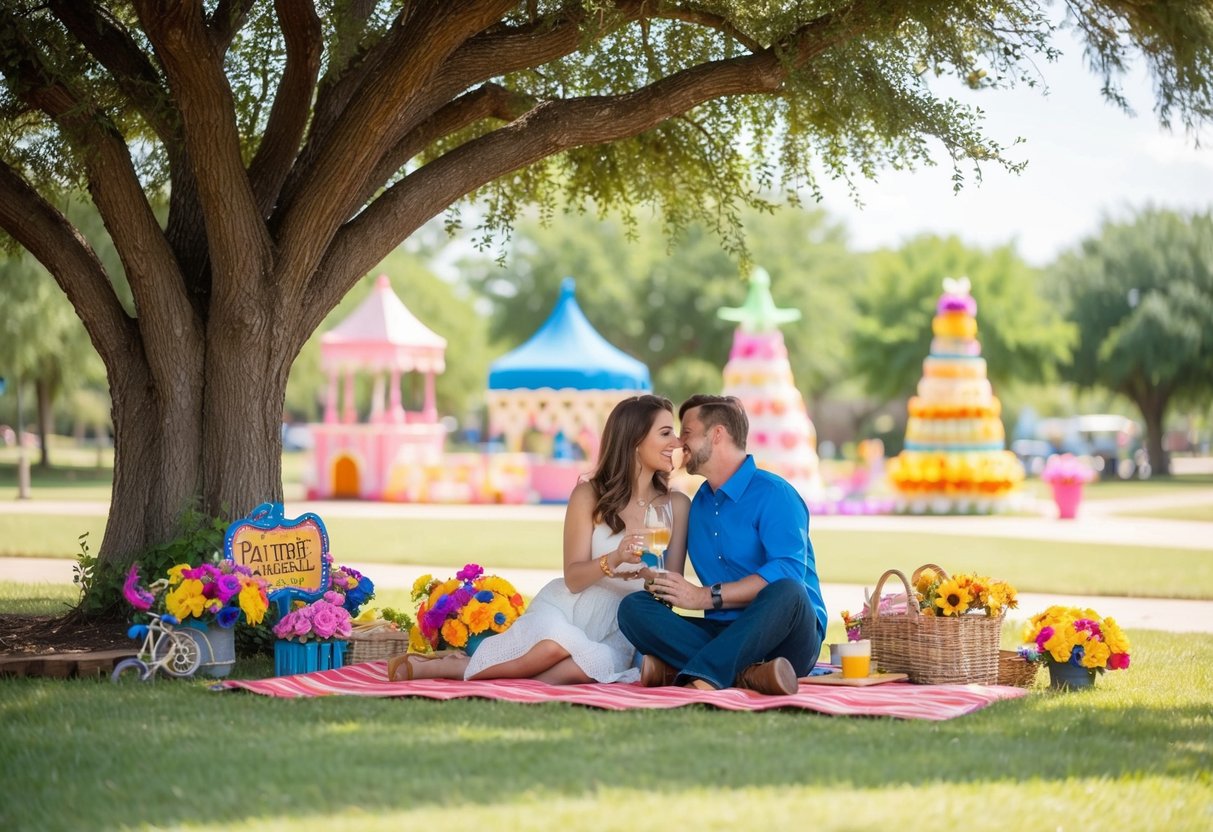 A couple enjoys a picnic under a shaded tree at Play Faire Park in Abilene, Texas, surrounded by colorful flowers and whimsical decor