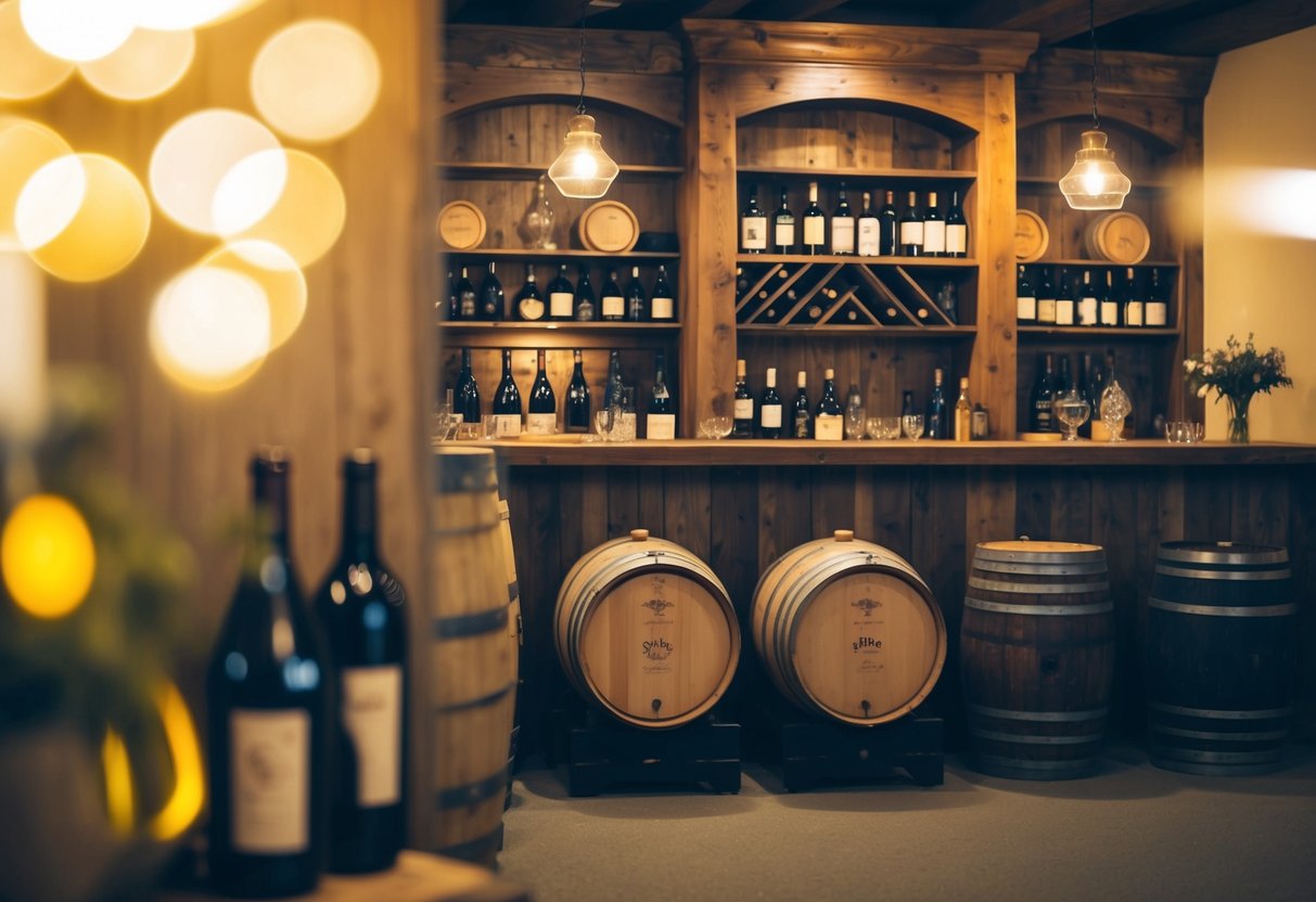 A cozy winery scene with a rustic wooden bar, wine barrels, and soft lighting, creating a warm and inviting atmosphere