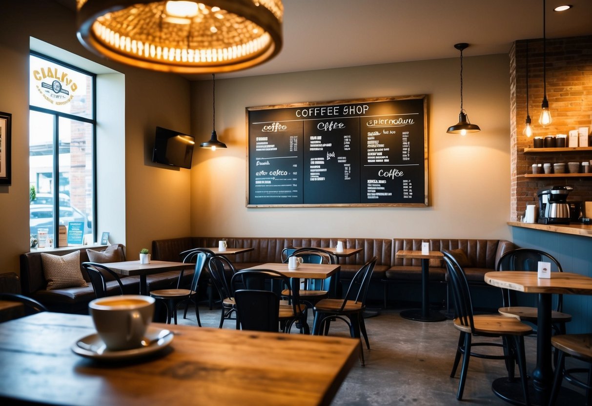 A cozy coffee shop with rustic decor, warm lighting, and a variety of seating options. A chalkboard menu displays a range of coffee and food offerings