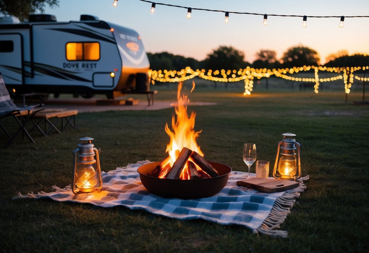 A cozy campfire glows at Dove Rest RV Park, surrounded by twinkling fairy lights and a picnic blanket set for a romantic evening in Abilene, Texas