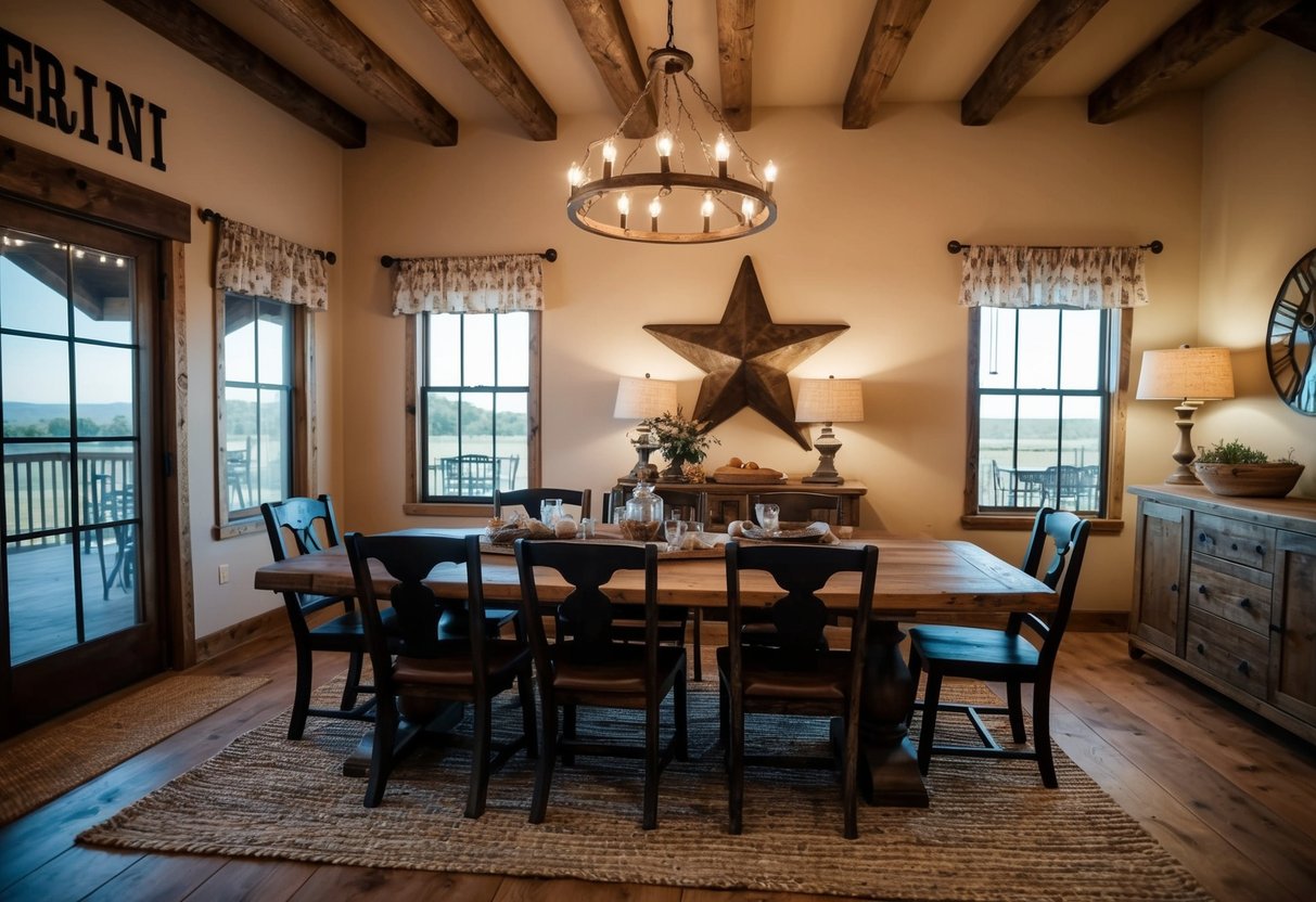 A rustic dining room with wooden tables, cowboy decor, and soft lighting at Perini Ranch in Abilene, Texas
