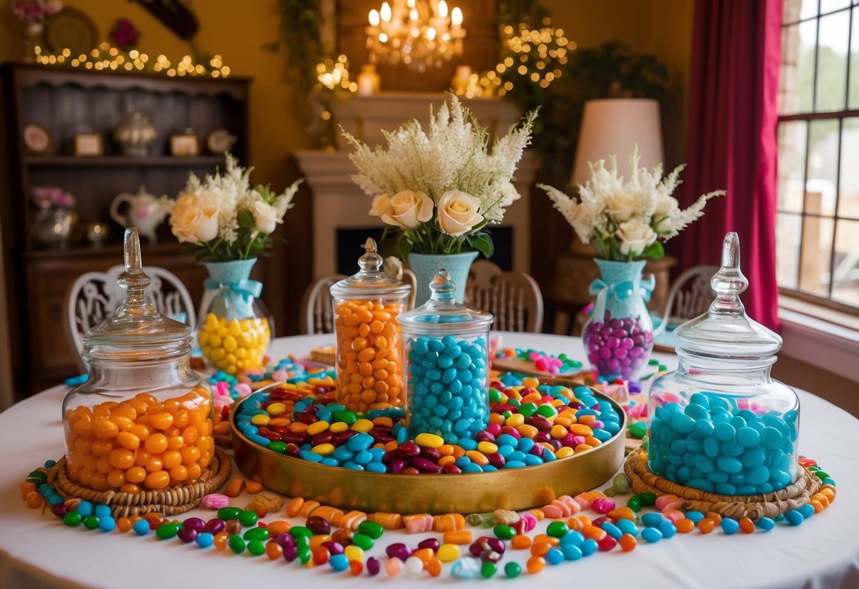A table set with a variety of colorful candies, surrounded by romantic decor, in a cozy Abilene, Texas setting