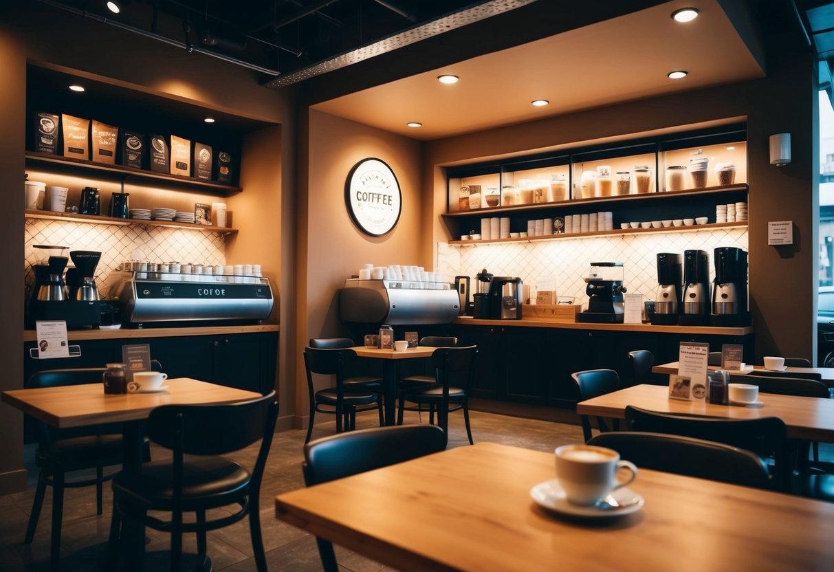 A cozy coffee house with warm lighting, comfortable seating, and a variety of coffee drinks and pastries on display