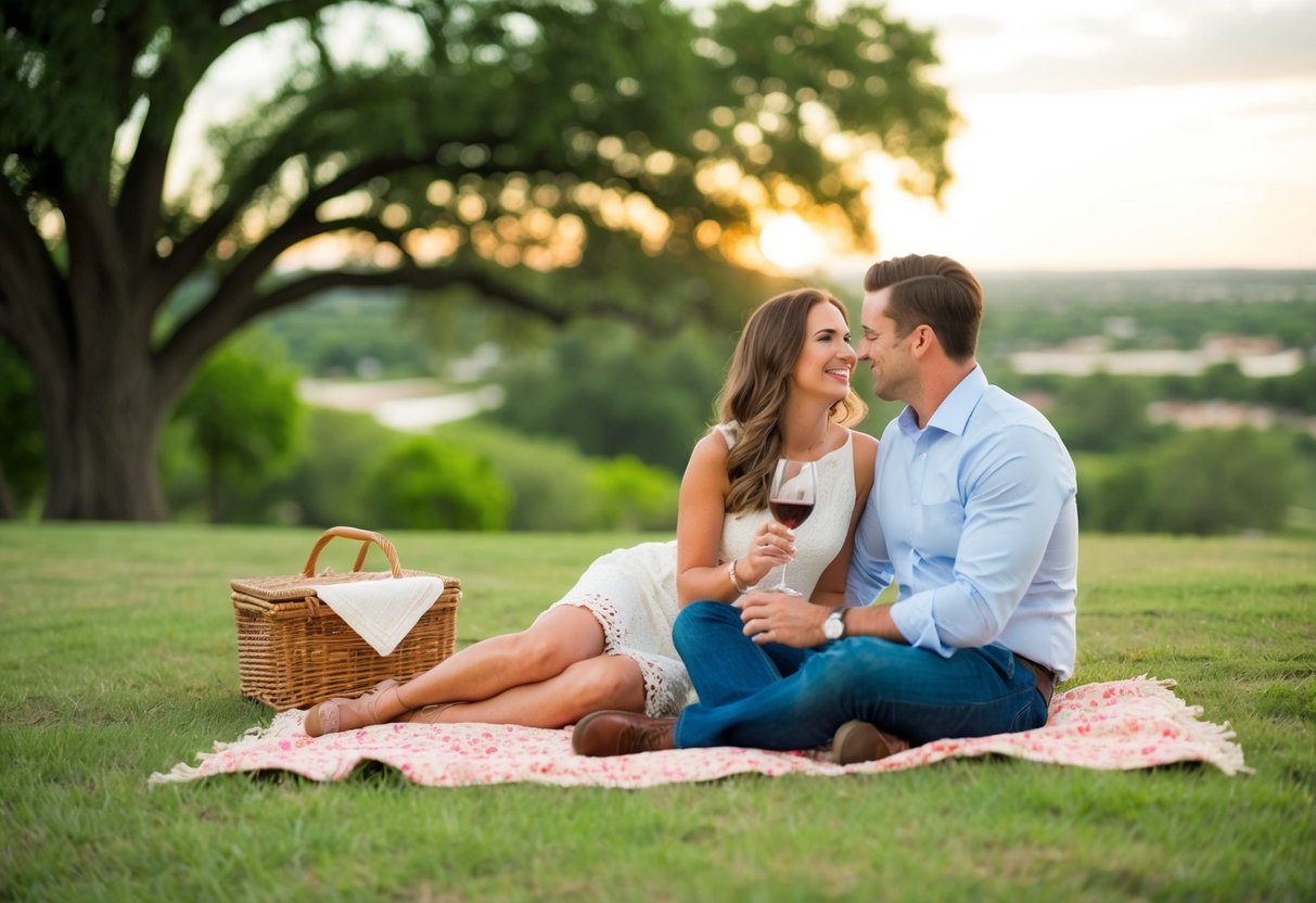 A couple enjoys a romantic picnic at Sayles Landmark in Abilene, Texas, surrounded by lush greenery and a scenic view