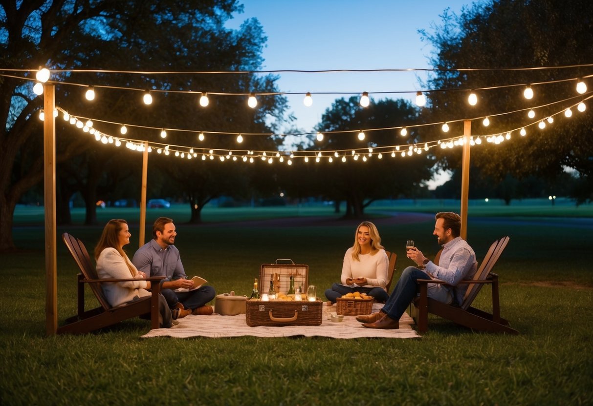 A cozy outdoor picnic under string lights at The Hallows in Abilene, Texas