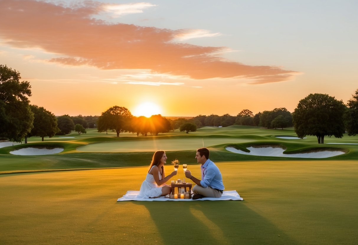 A picturesque sunset over the Abilene Country Club's manicured golf course, with a couple enjoying a romantic picnic on the lush green grass