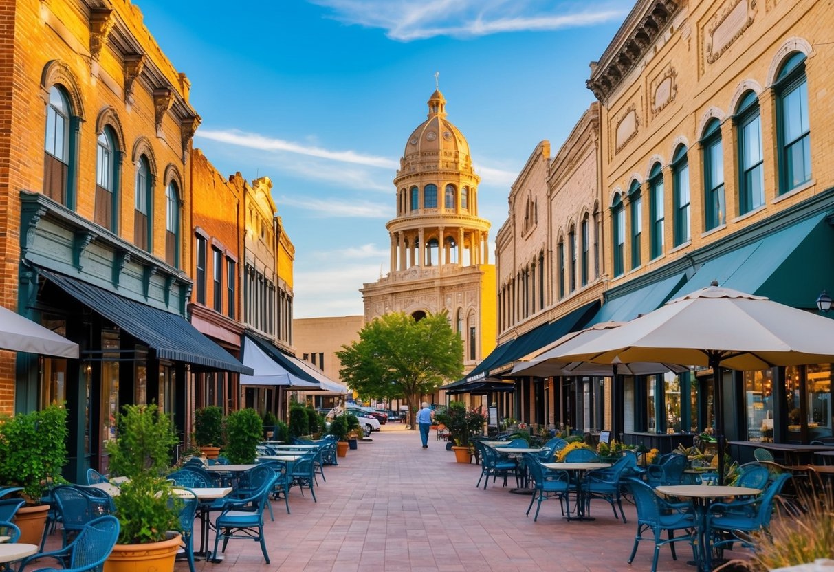A bustling cultural district with historic buildings, art galleries, and lively outdoor cafes in Abilene, Texas