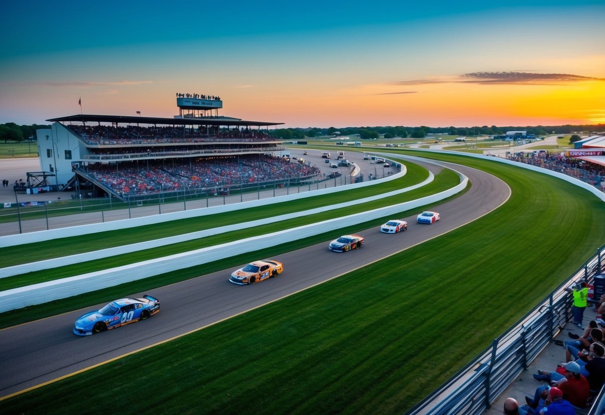 A sunset-lit race track at Big Country Race Way in Abilene, Texas, with cars speeding around the oval and spectators cheering from the stands