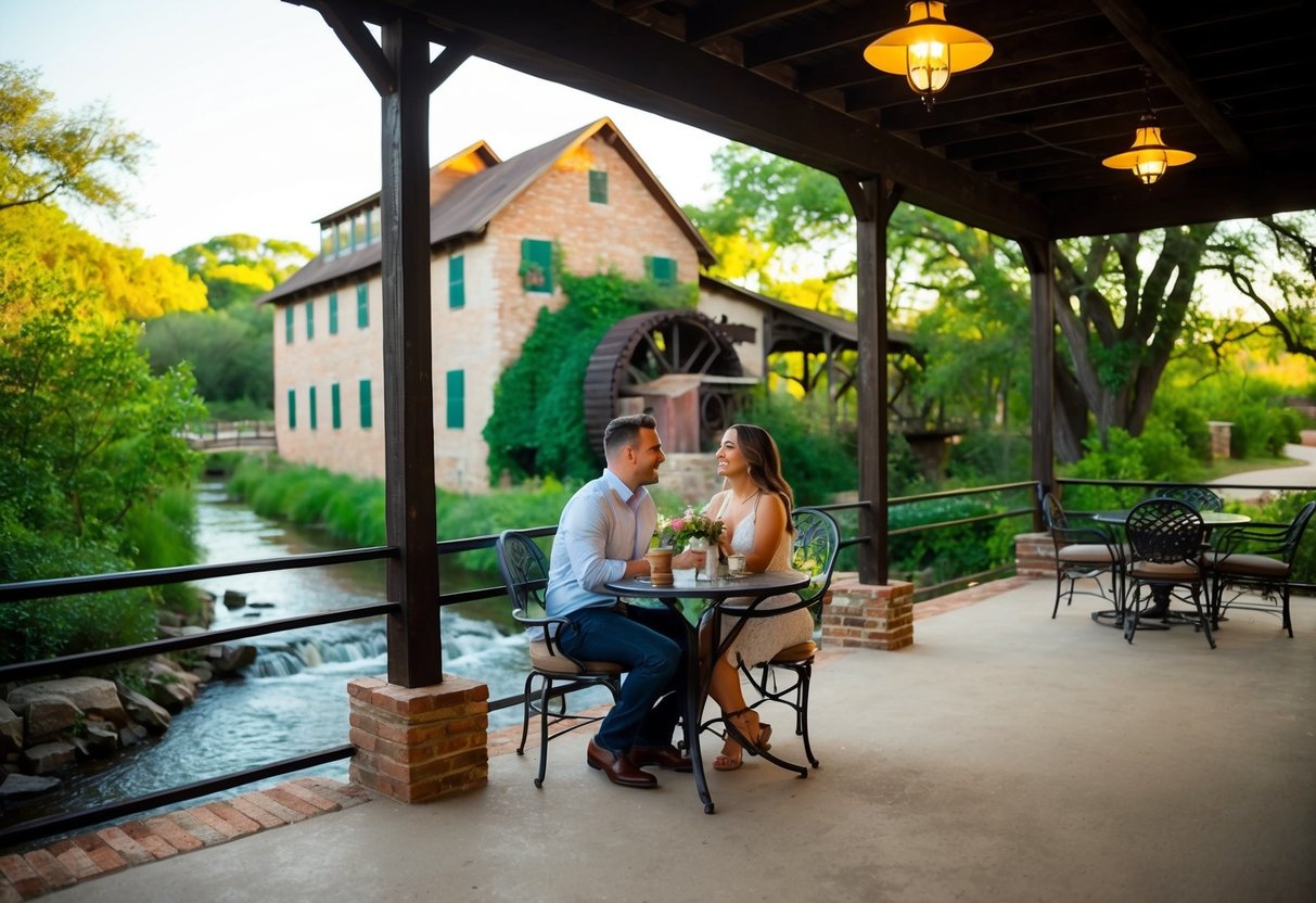 A couple sits on the patio of a charming old mill, surrounded by lush greenery and a babbling creek, enjoying a romantic date in Abilene, Texas