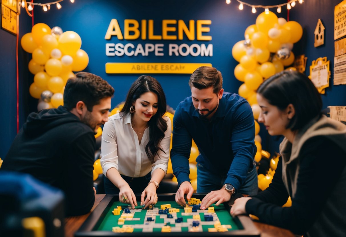 A couple works together to solve puzzles in an Abilene escape room, surrounded by themed decorations and mysterious clues