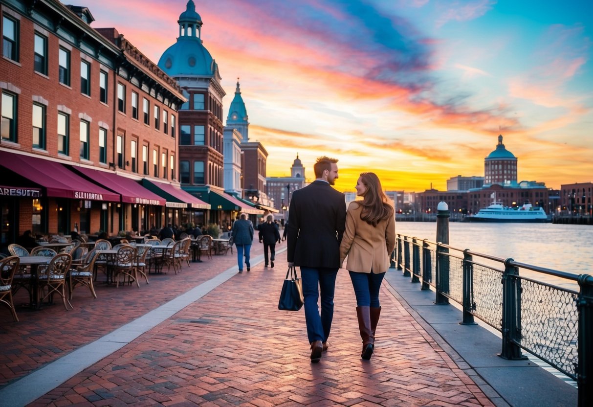 A couple strolling along the waterfront in Baltimore, passing by charming cafes and historic buildings under a colorful sunset sky
