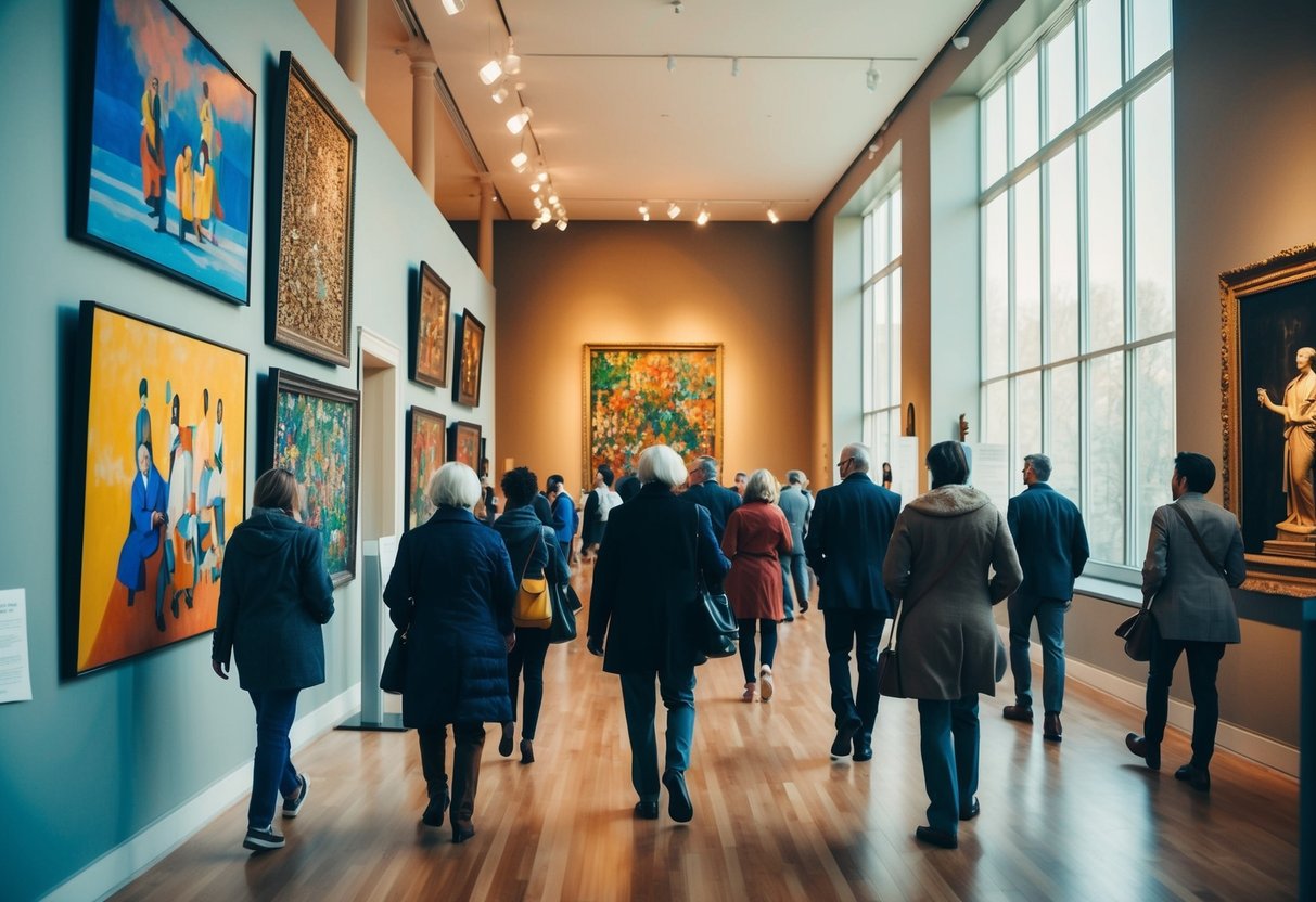 Visitors wander among colorful paintings and sculptures at the Baltimore Museum of Art. Sunlight filters through large windows, casting a warm glow on the artwork
