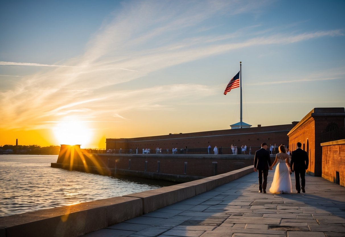 The sun sets over Fort McHenry, casting a warm glow on the historic walls and flag flying high, as couples stroll along the waterfront