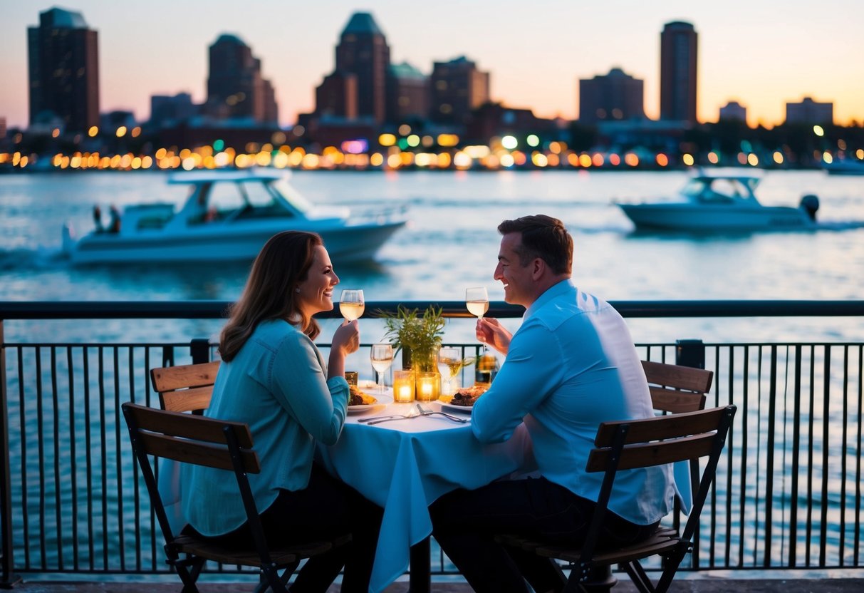 A couple enjoys a waterfront meal at Rusty Scupper, with city lights reflecting on the water and boats passing by