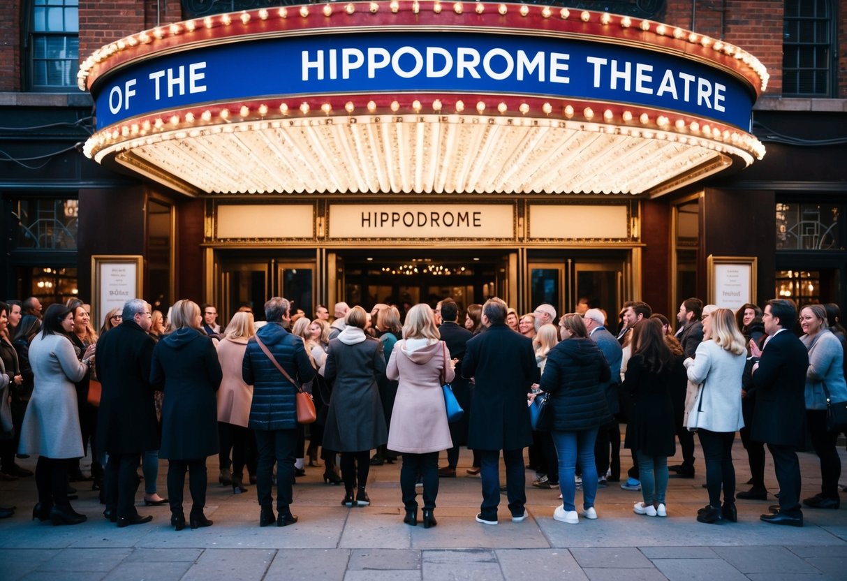 Audience members gather outside the grand entrance of the Hippodrome Theatre, with its marquee lit up and the buzz of excitement in the air