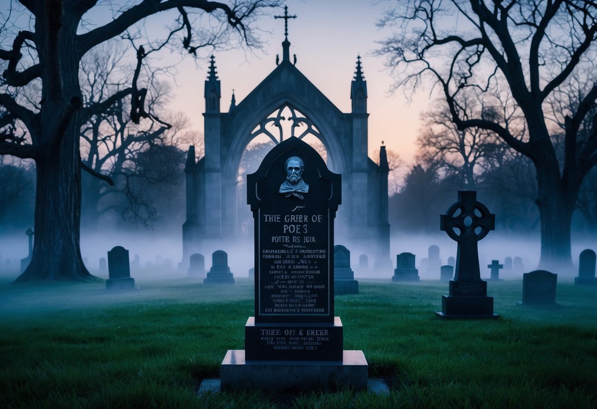 A misty graveyard at dusk, with Poe's tombstone as the focal point, surrounded by eerie, gnarled trees and looming gothic architecture