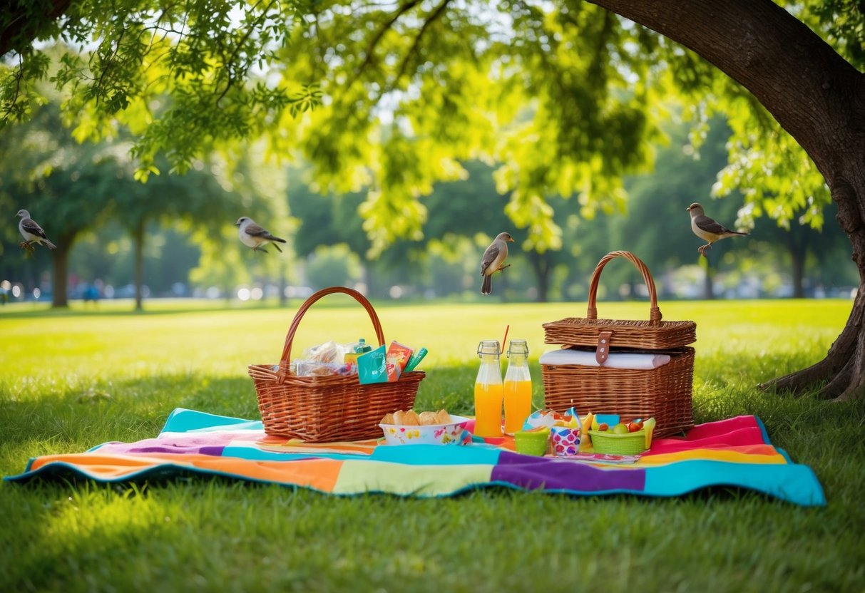 A colorful picnic blanket spread under a shady tree, with a wicker basket filled with snacks and drinks, surrounded by lush greenery and chirping birds at Patterson Park