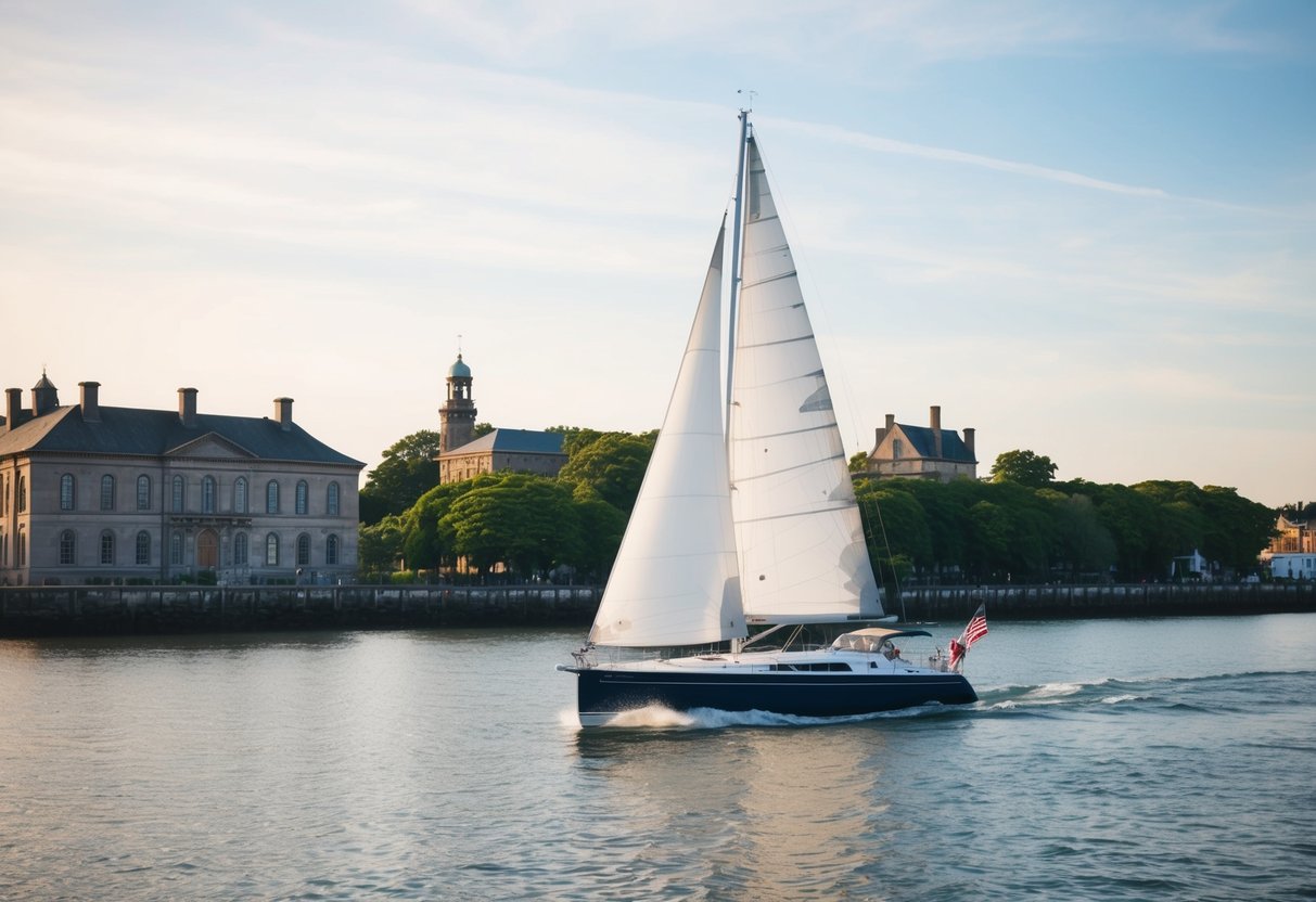 A sailboat glides through the calm waters of Heritage Harbor, passing by historic buildings and lush greenery along the shoreline