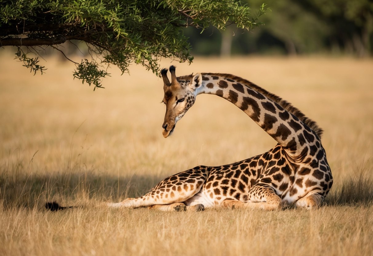 A lioness lounges in the shade, her sleek form blending into the golden grass. A giraffe gracefully stretches its neck to nibble on leaves from a tall tree