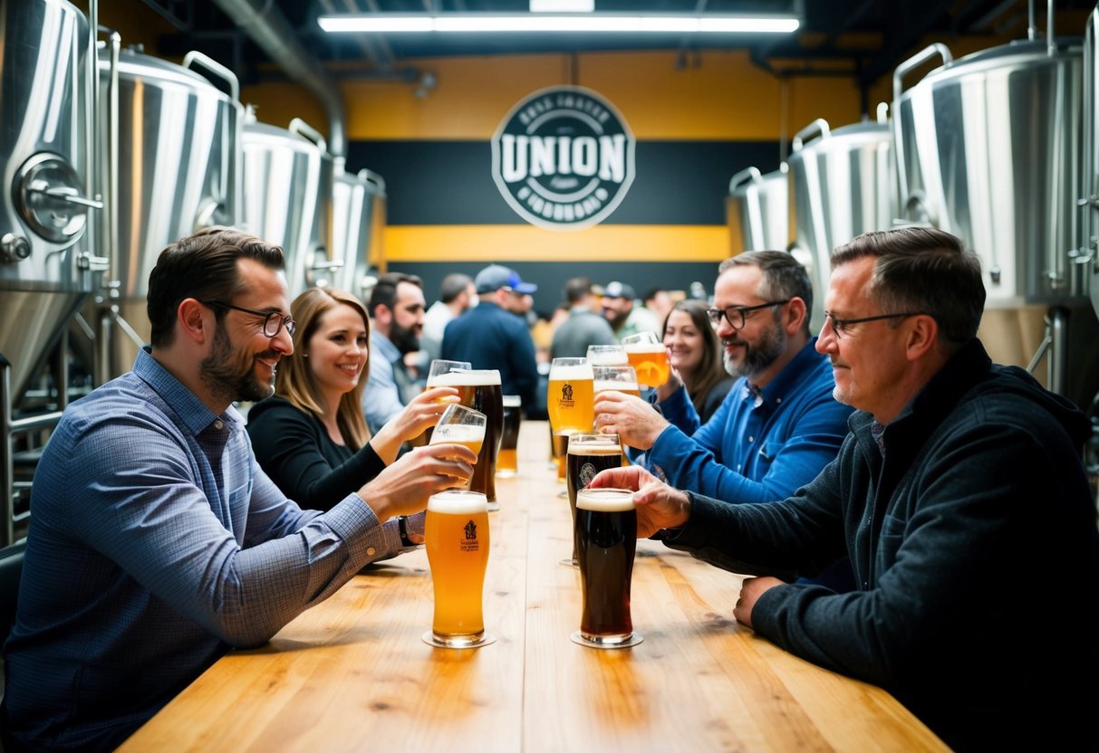 Patrons sample beers at Union Craft Brewing, surrounded by industrial decor and large fermenting tanks