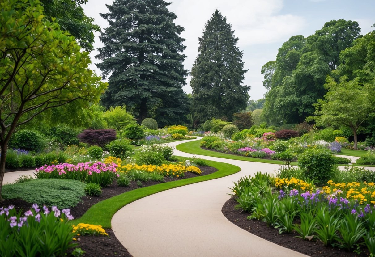 Lush gardens with winding paths, blooming flowers, and towering trees at Cylburn Arboretum
