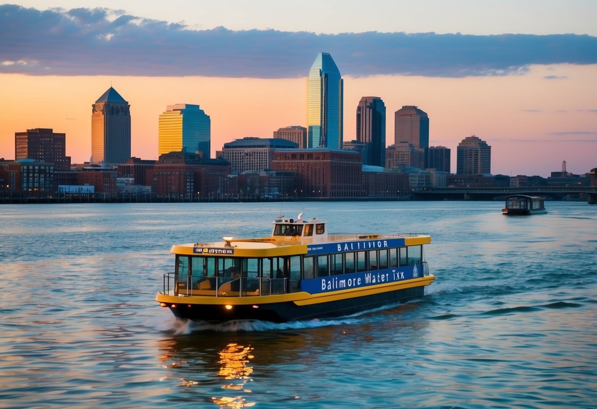 A Baltimore Water Taxi cruises past the city skyline at sunset, with colorful reflections shimmering on the calm waters