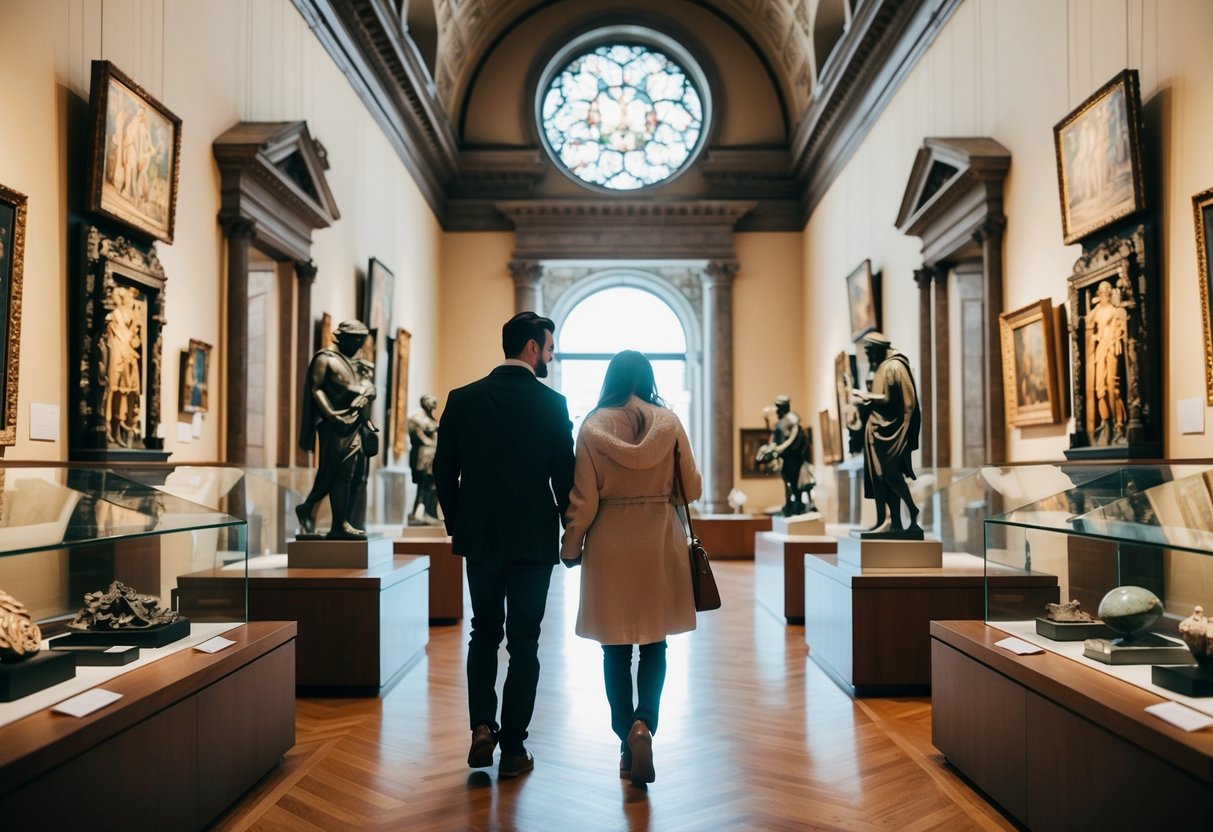 A couple strolls through the ornate halls of Walters Art Museum, admiring ancient artifacts and intricate paintings