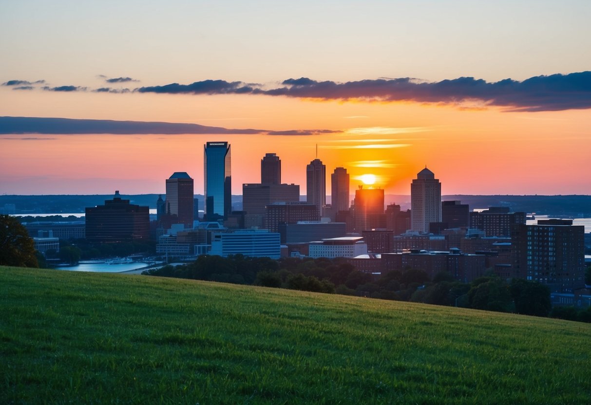 The sun sets over the Baltimore skyline, casting a warm glow on the grassy hill of Federal Hill Park. The city's buildings are silhouetted against the colorful sky