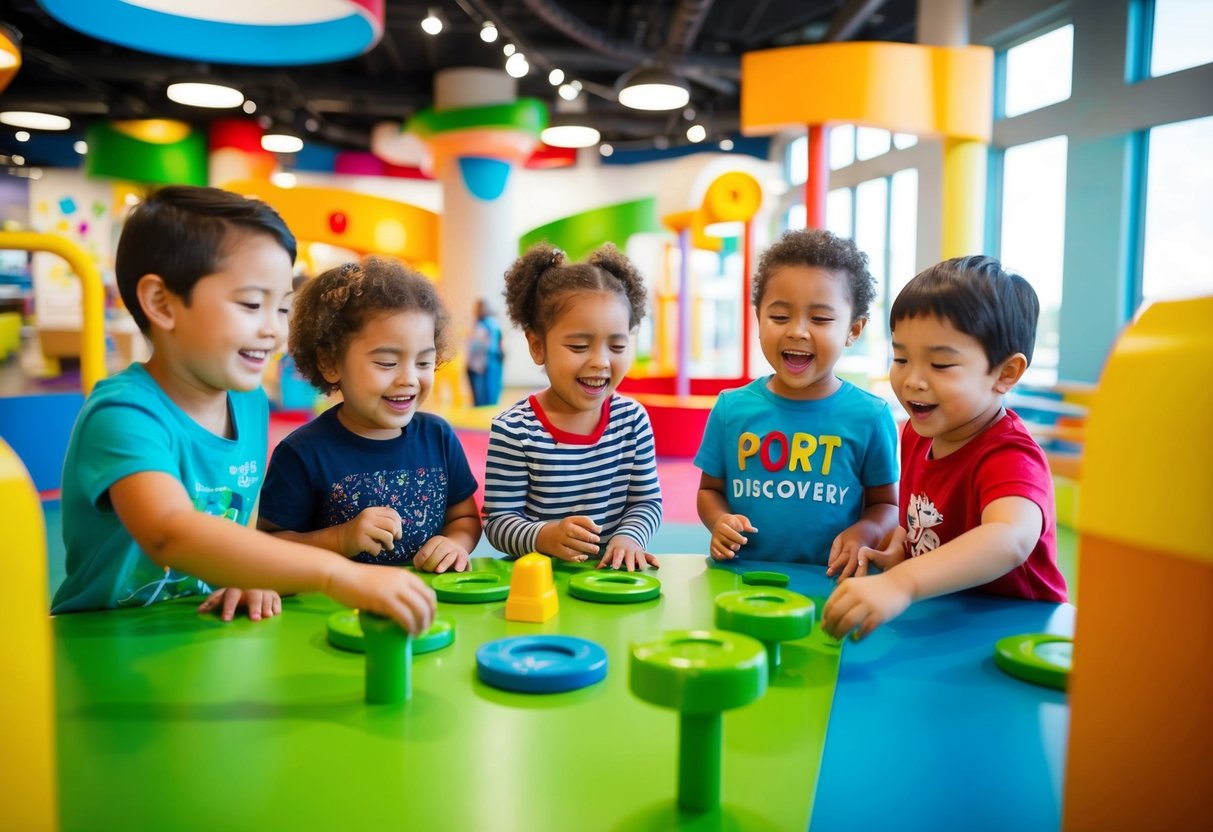 Children explore interactive exhibits at Port Discovery Children's Museum, laughing and learning together in a vibrant, colorful space