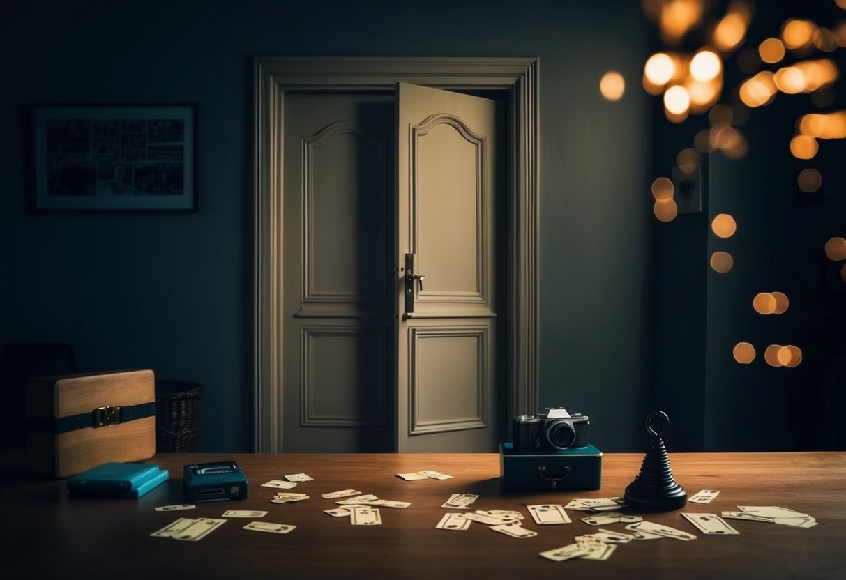 A dimly lit room with a locked door, scattered clues, and mysterious objects