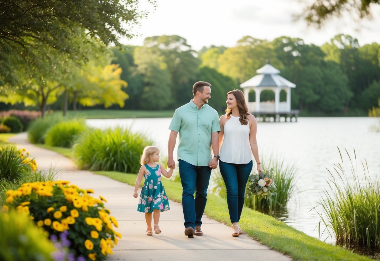 A couple walking along the serene banks of Lake Acworth, surrounded by lush greenery and colorful flowers, with a quaint gazebo in the distance