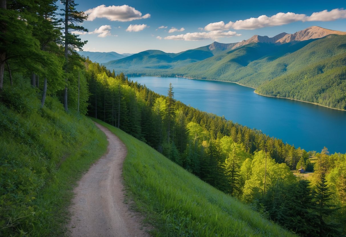 A winding trail through lush forest, leading to a panoramic view of the lake and surrounding mountains at Red Top Mountain State Park