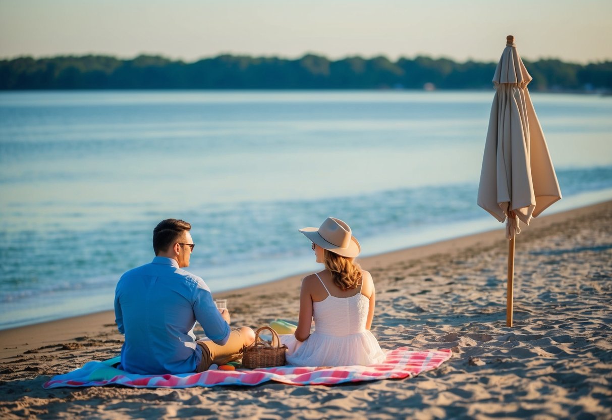 A peaceful beach scene with a couple's picnic blanket, umbrella, and a gentle breeze by the water's edge in Acworth, GA
