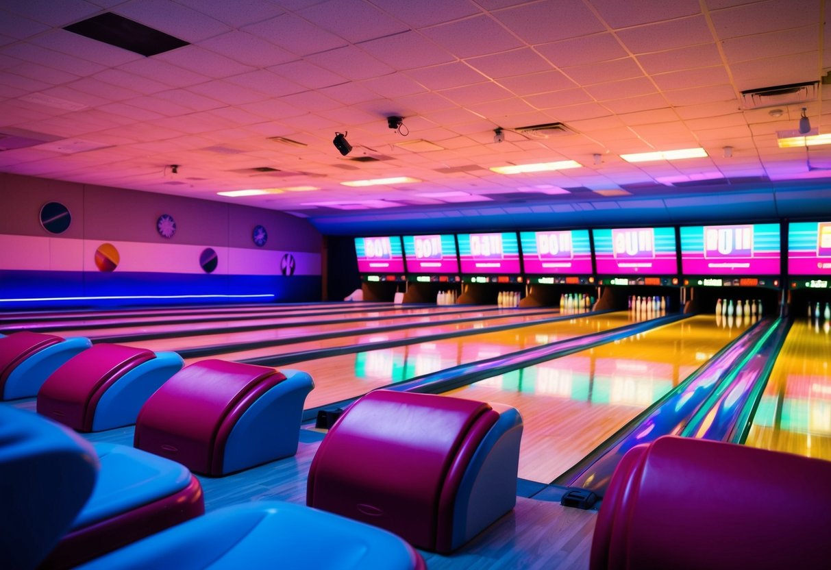 A colorful bowling alley with glowing neon lights and shiny lanes, surrounded by lively chatter and the sound of crashing pins