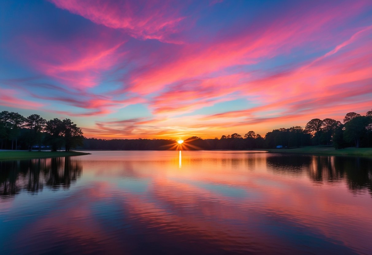 The sun dips below the horizon, casting a warm glow over the tranquil waters of Cauble Park in Acworth, GA. The sky is painted with vibrant hues of pink, orange, and purple, creating a breathtaking sunset scene