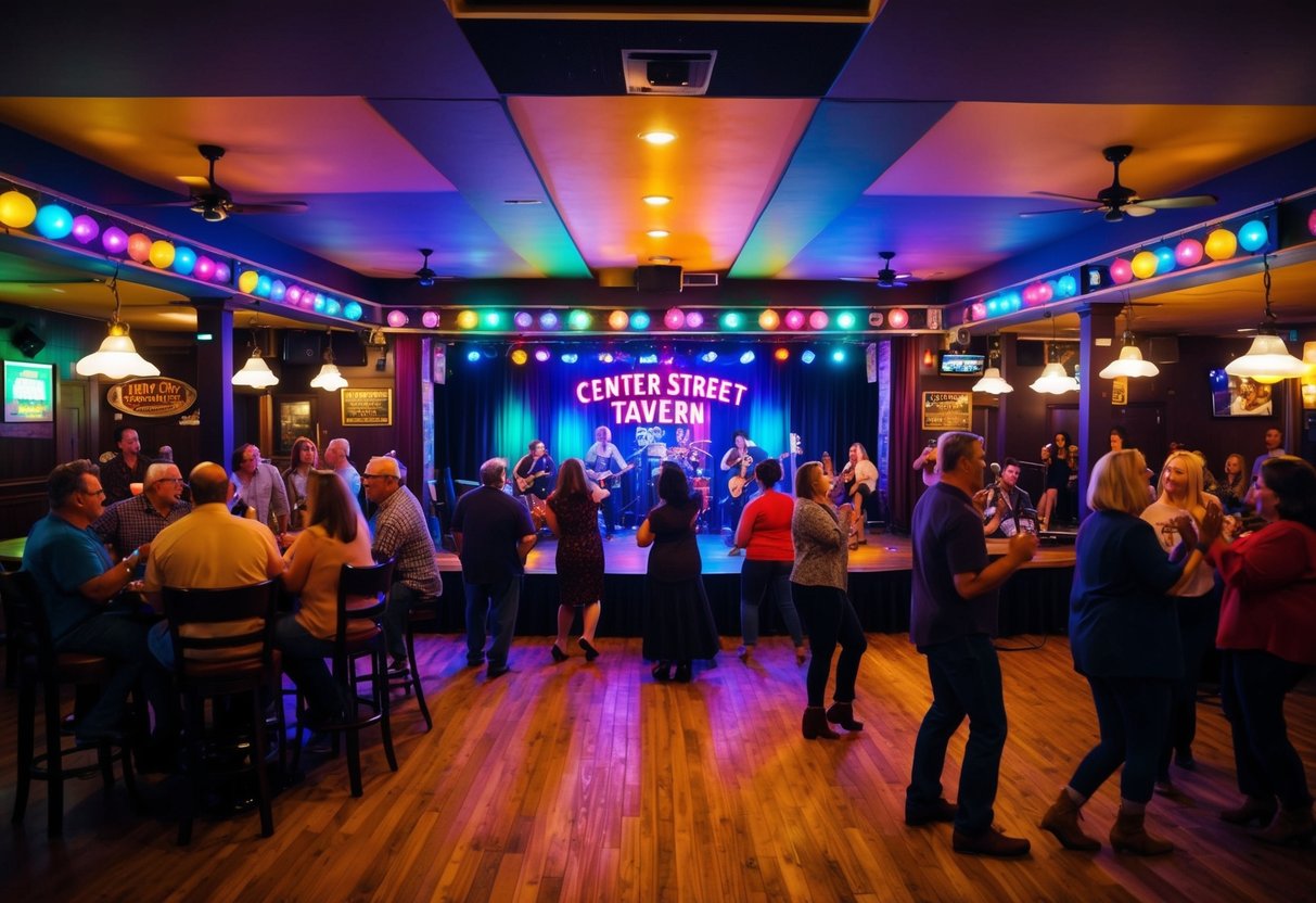 The stage at Center Street Tavern is lit up with colorful lights as people gather to sing and dance during Karaoke Night