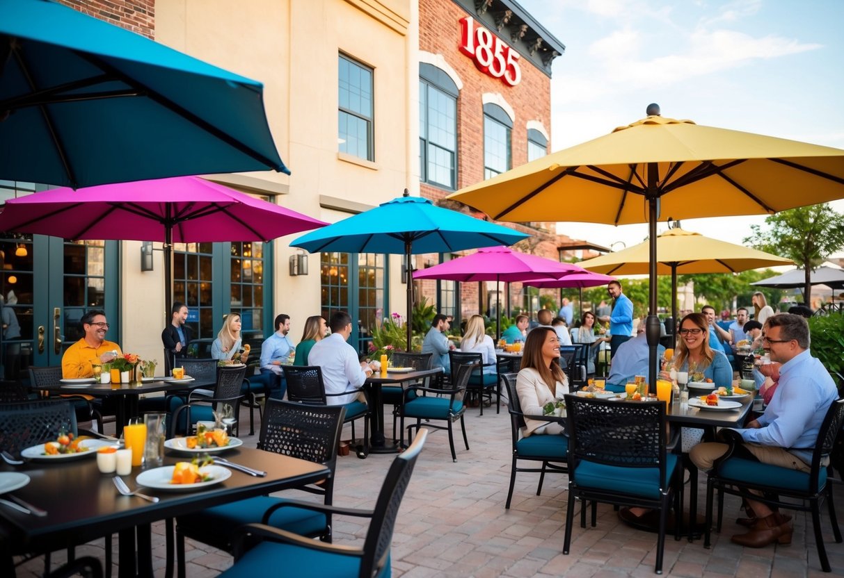 A bustling outdoor patio at 1885 Grill with colorful umbrellas, tables set with brunch dishes, and a lively atmosphere of people enjoying their weekend