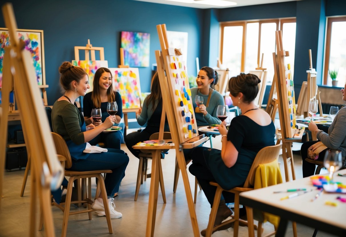 A cozy studio filled with easels, paintbrushes, and colorful palettes. Soft music plays as students chat and sip wine while creating their masterpieces