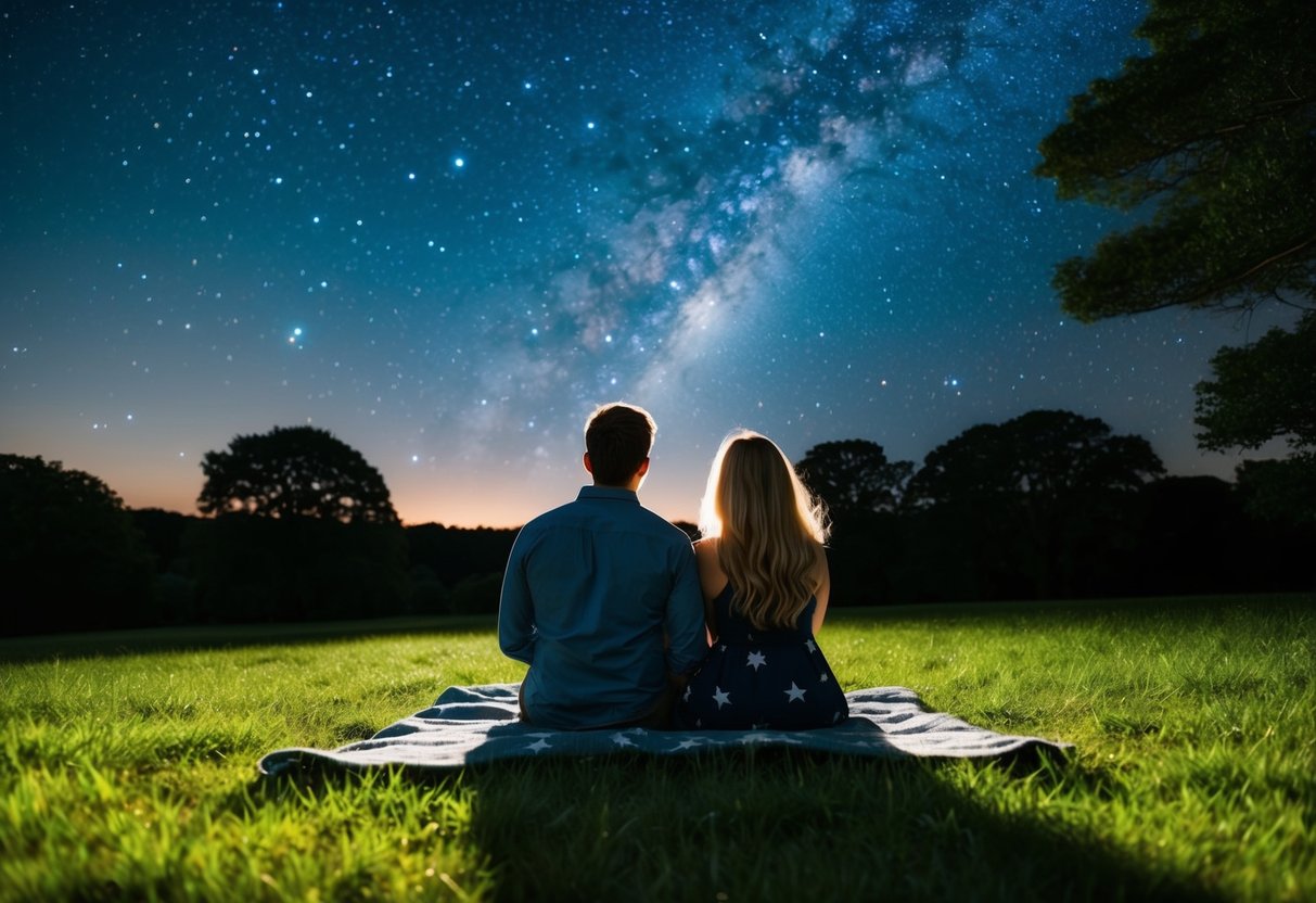 A couple stargazing on a blanket in a field, surrounded by trees and a clear night sky filled with stars
