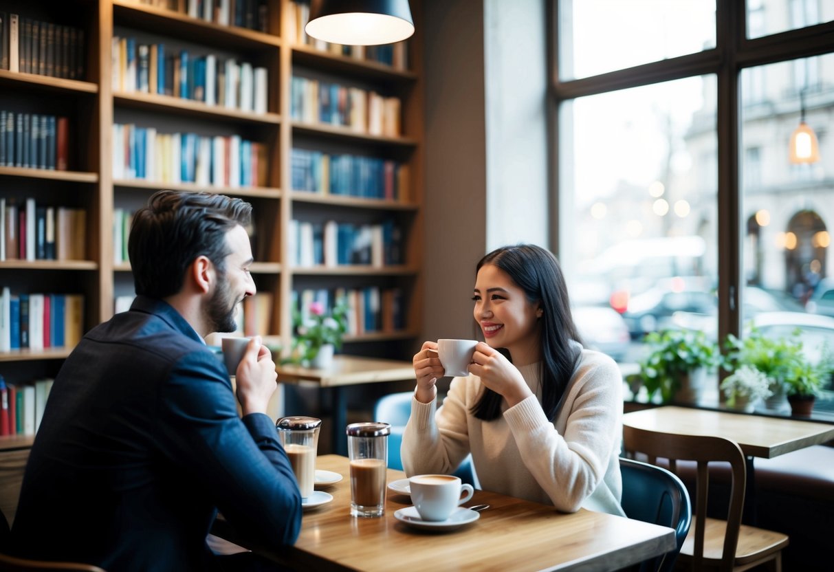 A cozy cafe with two people enjoying coffee and conversation, surrounded by shelves of books and a large window letting in natural light