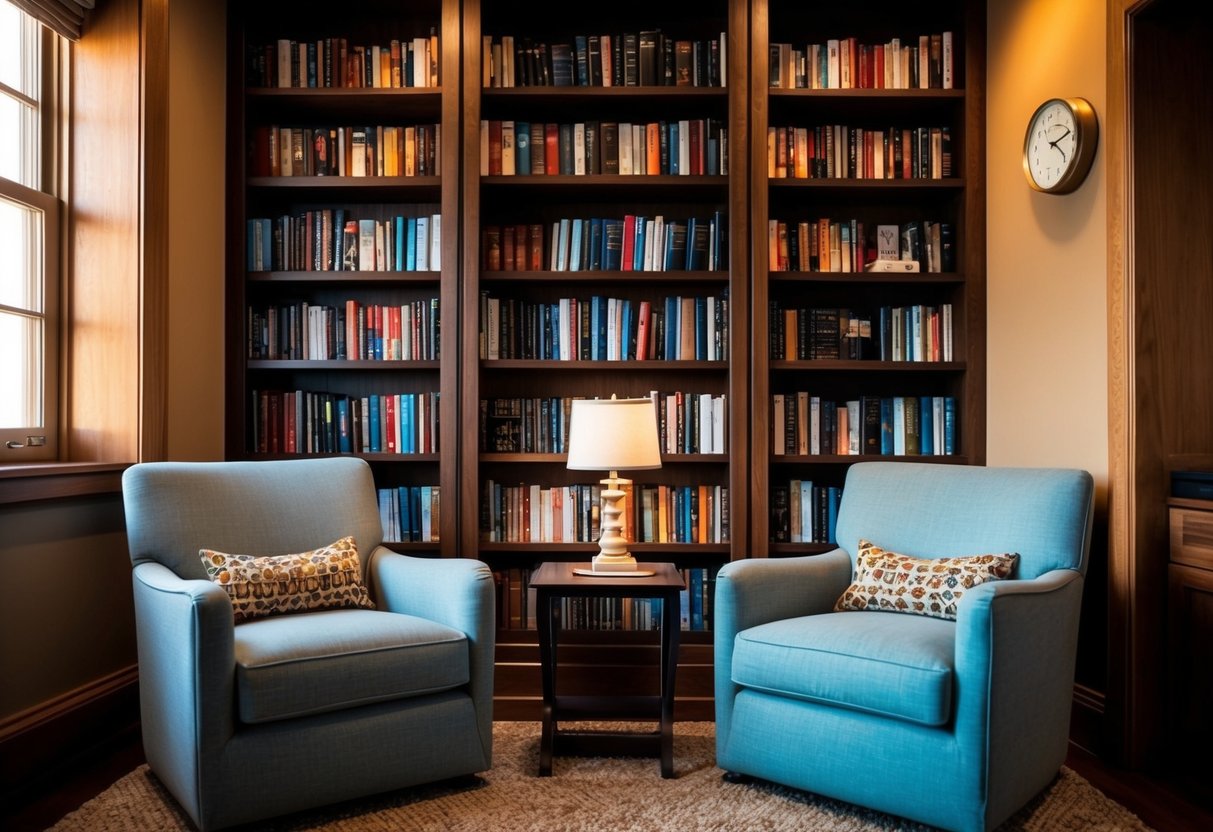A cozy reading nook with two armchairs, a small table, and a bookshelf filled with various books. A warm, inviting atmosphere with soft lighting and a peaceful ambiance
