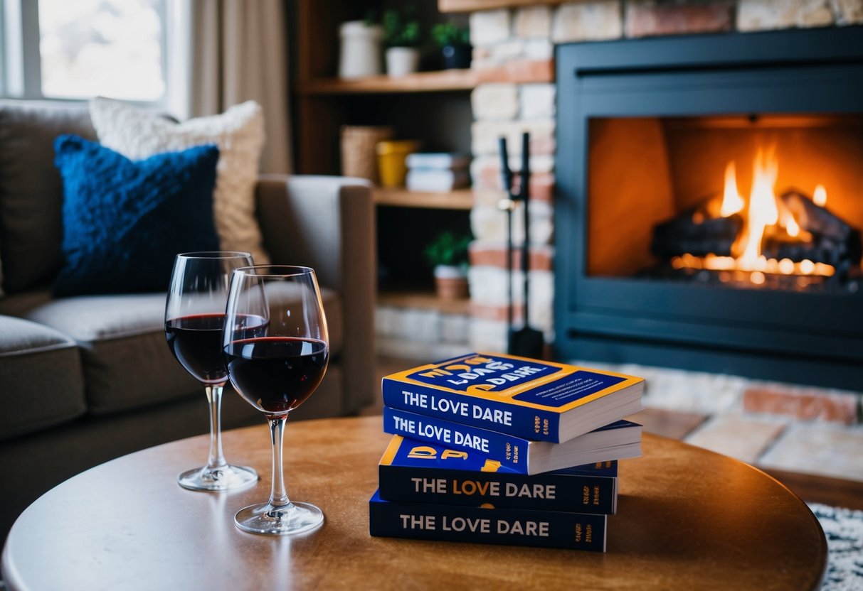 A cozy living room with a crackling fireplace, two glasses of wine, and a stack of date night idea cards from "The Love Dare" book by Alex Kendrick