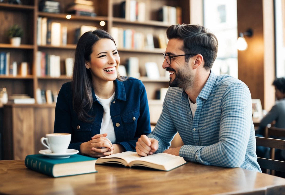 A cozy coffee shop with two people chatting and laughing, surrounded by books and a warm, inviting atmosphere