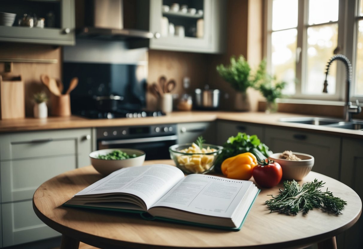 A cozy kitchen table set for two with a cookbook open to a recipe, surrounded by fresh ingredients and a warm, inviting ambiance