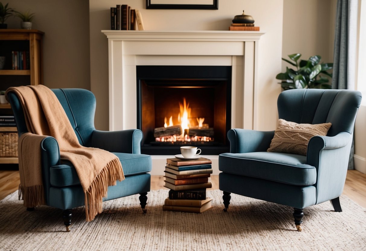 A cozy living room with a crackling fireplace, two armchairs facing each other, a warm blanket draped over one, and a side table with a stack of books and a cup of tea