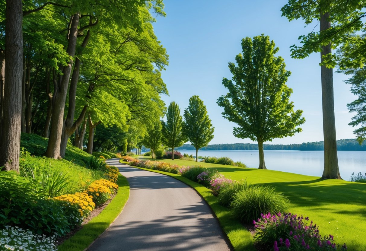 A winding path through lush greenery, with towering trees and colorful flowers lining the way. A peaceful lake glistens in the distance, reflecting the clear blue sky