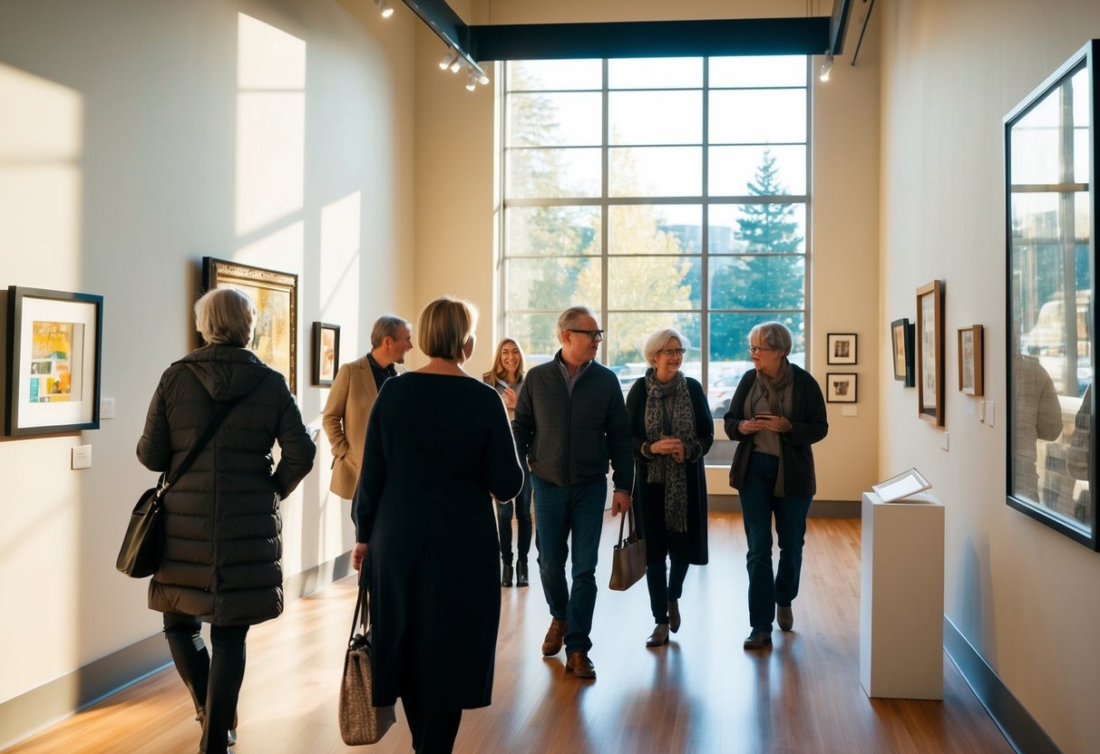 Visitors stroll through Tacoma Art Museum, admiring diverse artworks and engaging in conversation. Sunlight streams through the windows, casting a warm glow over the exhibits