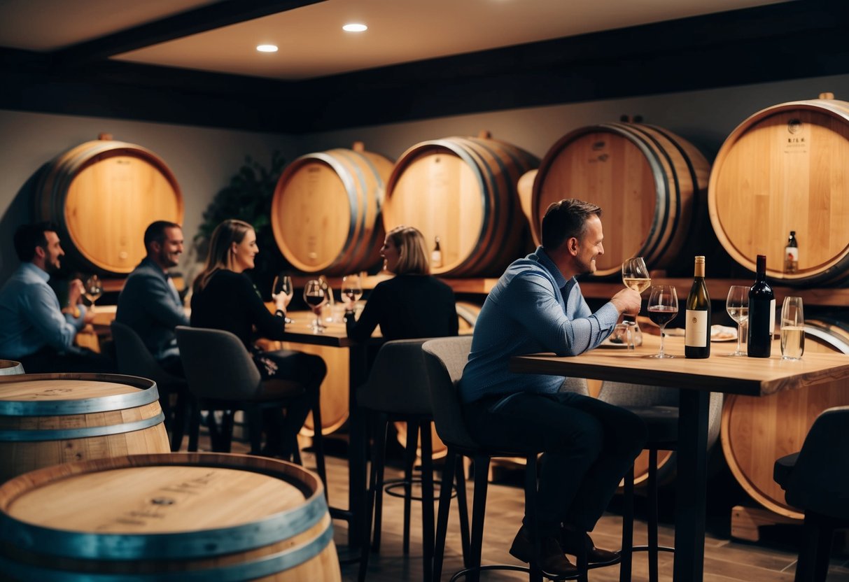 A cozy tasting room with wooden barrels, wine bottles, and dim lighting. Customers sit at high tables, sipping wine and chatting